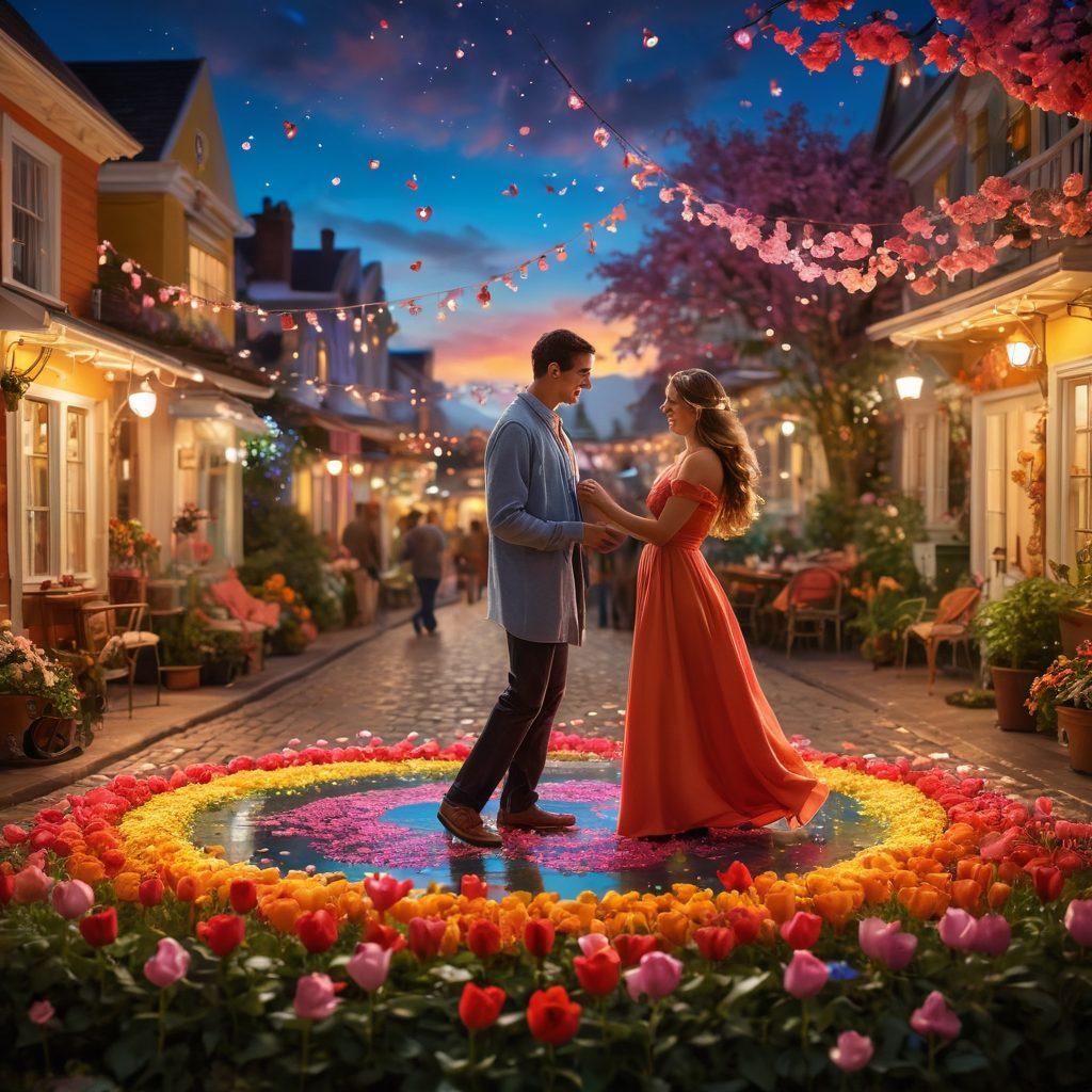 An enchanting scene featuring a diverse group of couples enjoying moments of love, with musical notes floating around them, symbolizing their unique soundtracks. Each couple is engaged in different activities like dancing, laughing, and sharing intimate moments, set in a dreamy, colorful landscape filled with flowers and soft lighting. Include iconic symbols of love such as hearts, vintage record players, and headphones. The overall ambiance should be romantic and whimsical. vibrant colors. super-realistic.