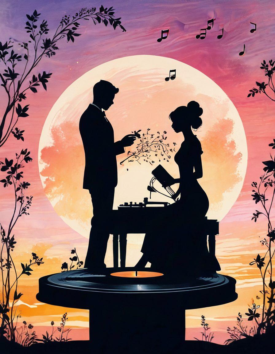 A dreamy setting featuring two silhouettes of couples enjoying a romantic evening, surrounded by musical notes floating in the air. Soft pastel colors create a whimsical atmosphere, with a vintage record player spinning in the foreground. Delicate flowers bloom around them, symbolizing love and passion. Incorporate elements of different streaming platforms subtly in the background. vibrant colors. dreamy style. painting.