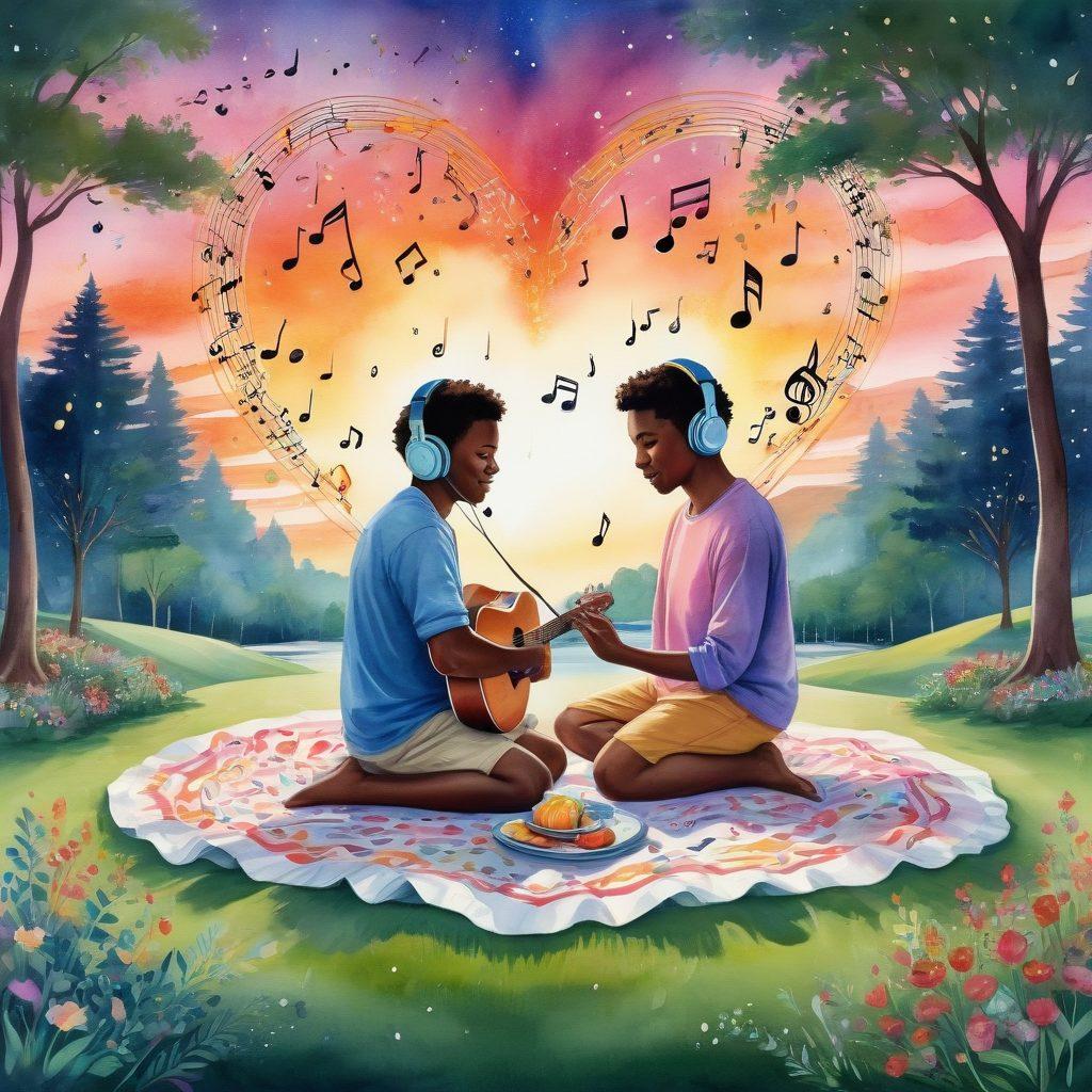 A whimsical illustration featuring a glowing heart made of musical notes and symbols, encircled by different couples enjoying music through headphones. In the background, a colorful landscape depicting various love stories, such as a picnic in a park, a romantic dinner, and a beach sunset. The scene should feel warm, inviting, and full of emotional depth. Include vibrant colors to enhance the sense of joy and connection. watercolor style. vibrant colors.